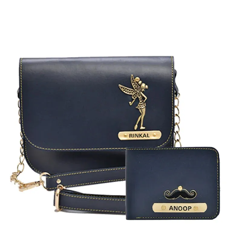 Chained Sling Bag & Men's Wallet & Personalised Couple Rainbow Classic WaterBottle - Royal Blue