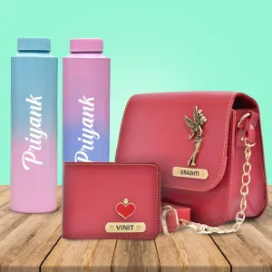 Chained Sling Bag & Men's Wallet & Personalised Couple Rainbow Classic WaterBottle - Wine