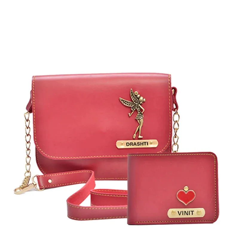 Chained Sling Bag & Men's Wallet & Personalised Couple Rainbow Classic WaterBottle - Wine