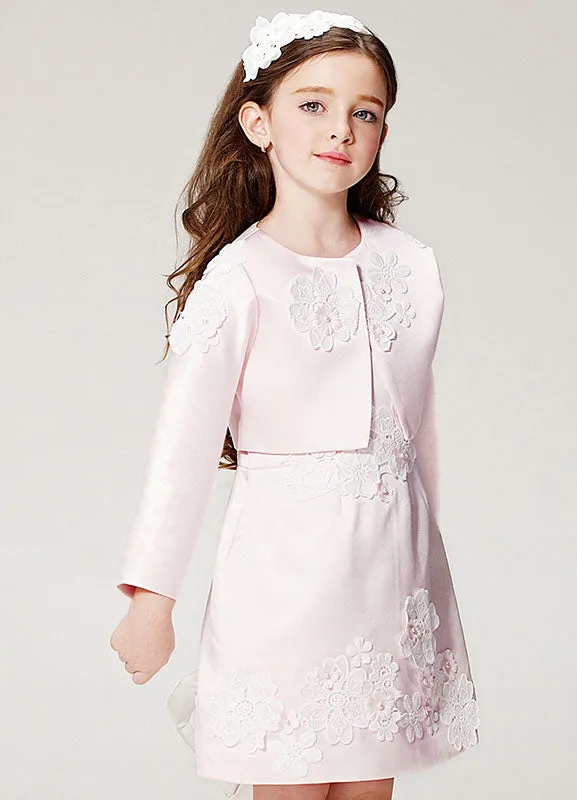Champagne A-line Flower Applique Beaded Short flower girl dress With Jacket