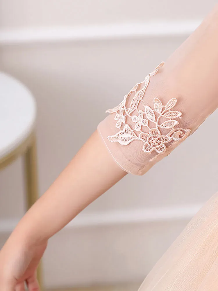 Champagne Jewel Neck Polyester Half Sleeves Ankle-Length A-Line Flowers Kids Party Dresses