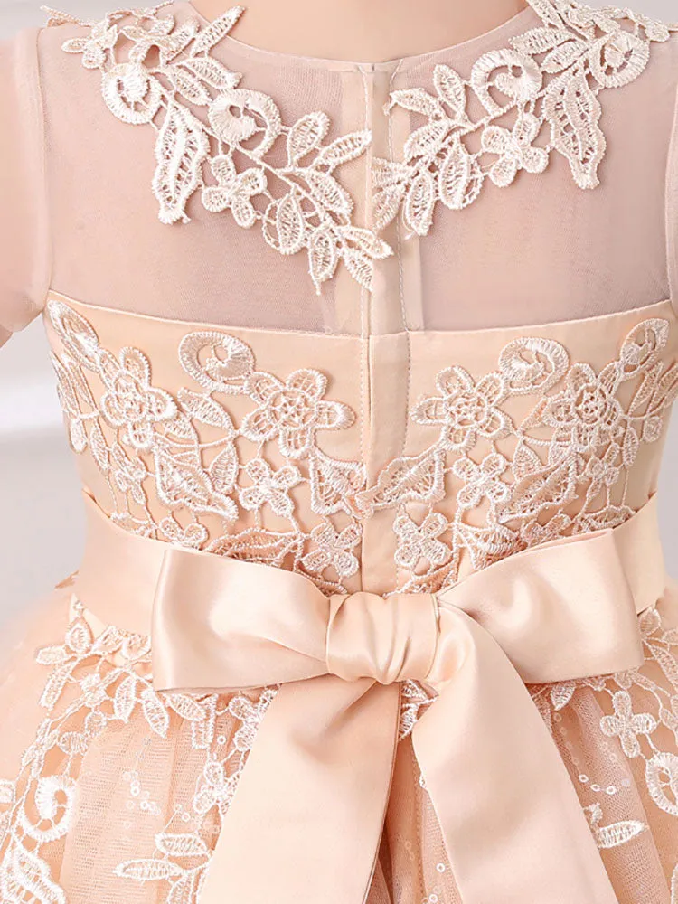 Champagne Jewel Neck Polyester Half Sleeves Ankle-Length A-Line Flowers Kids Party Dresses