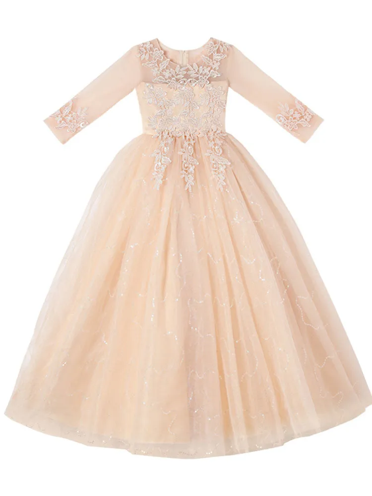 Champagne Jewel Neck Polyester Half Sleeves Ankle-Length A-Line Flowers Kids Party Dresses