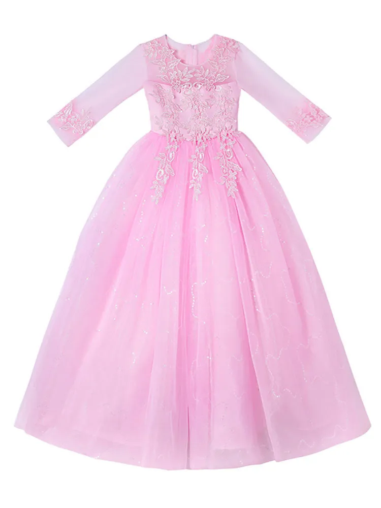 Champagne Jewel Neck Polyester Half Sleeves Ankle-Length A-Line Flowers Kids Party Dresses