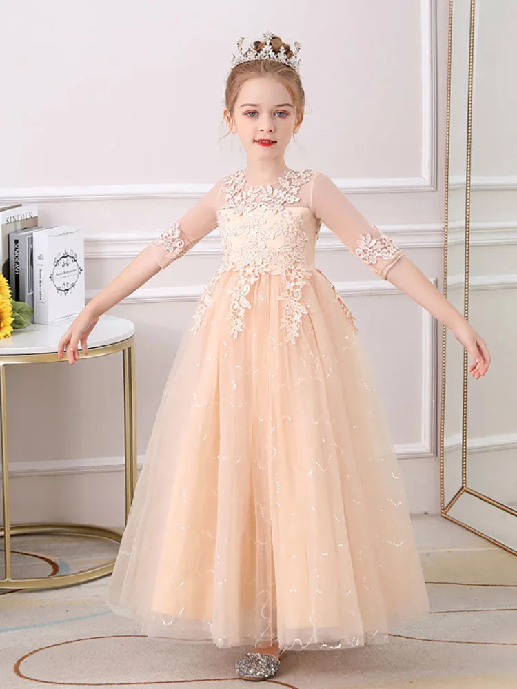 Champagne Jewel Neck Polyester Half Sleeves Ankle-Length A-Line Flowers Kids Party Dresses