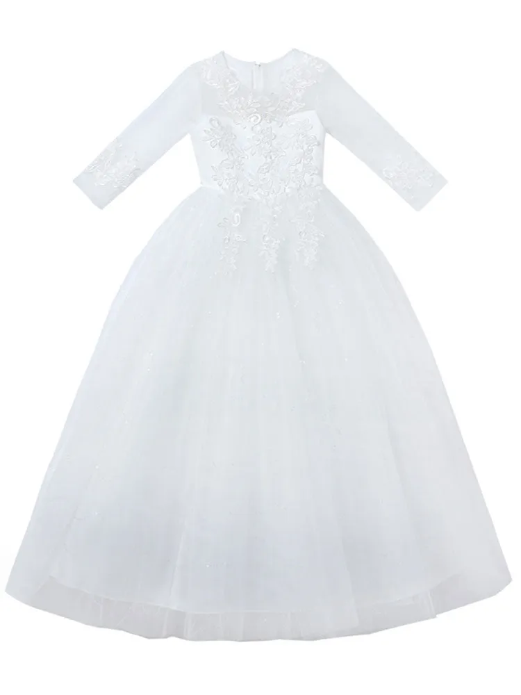 Champagne Jewel Neck Polyester Half Sleeves Ankle-Length A-Line Flowers Kids Party Dresses