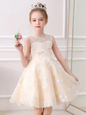 Champagne Jewel Neck Short Sleeves Embroidered Formal Kids Pageant flower girl dresses