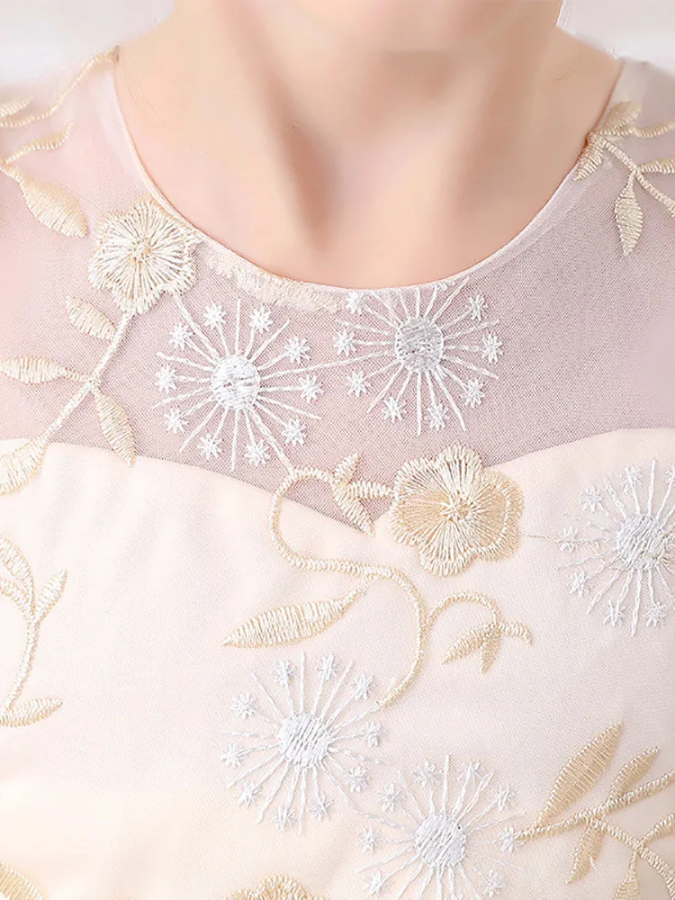 Champagne Jewel Neck Short Sleeves Embroidered Formal Kids Pageant flower girl dresses