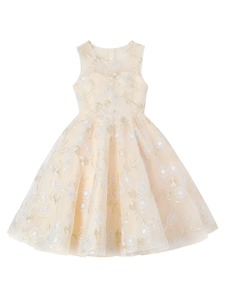 Champagne Jewel Neck Short Sleeves Embroidered Formal Kids Pageant flower girl dresses