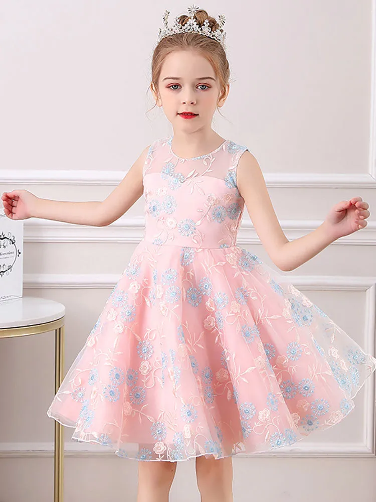 Champagne Jewel Neck Short Sleeves Embroidered Formal Kids Pageant flower girl dresses