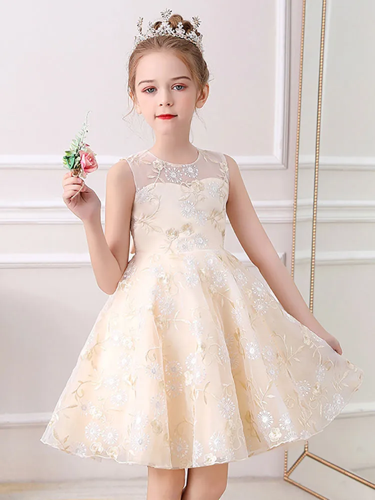 Champagne Jewel Neck Short Sleeves Embroidered Formal Kids Pageant flower girl dresses