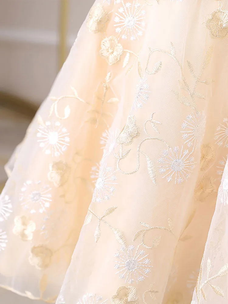 Champagne Jewel Neck Short Sleeves Embroidered Formal Kids Pageant flower girl dresses