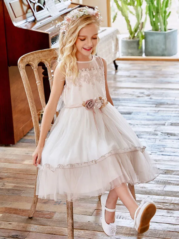 Champagne Jewel Neck Sleeveless Polyester Lace Tulle Flowers Kids Social Party Dresses