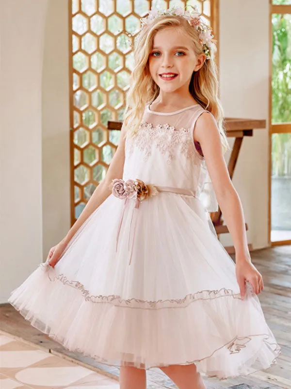 Champagne Jewel Neck Sleeveless Polyester Lace Tulle Flowers Kids Social Party Dresses