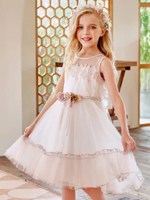 Champagne Jewel Neck Sleeveless Polyester Lace Tulle Flowers Kids Social Party Dresses