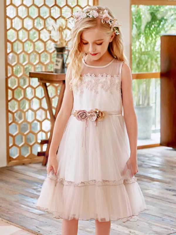 Champagne Jewel Neck Sleeveless Polyester Lace Tulle Flowers Kids Social Party Dresses
