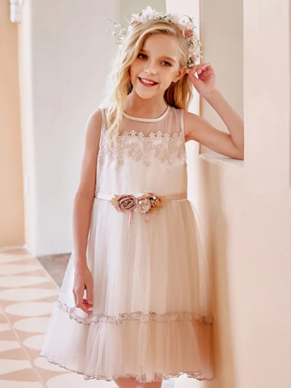 Champagne Jewel Neck Sleeveless Polyester Lace Tulle Flowers Kids Social Party Dresses