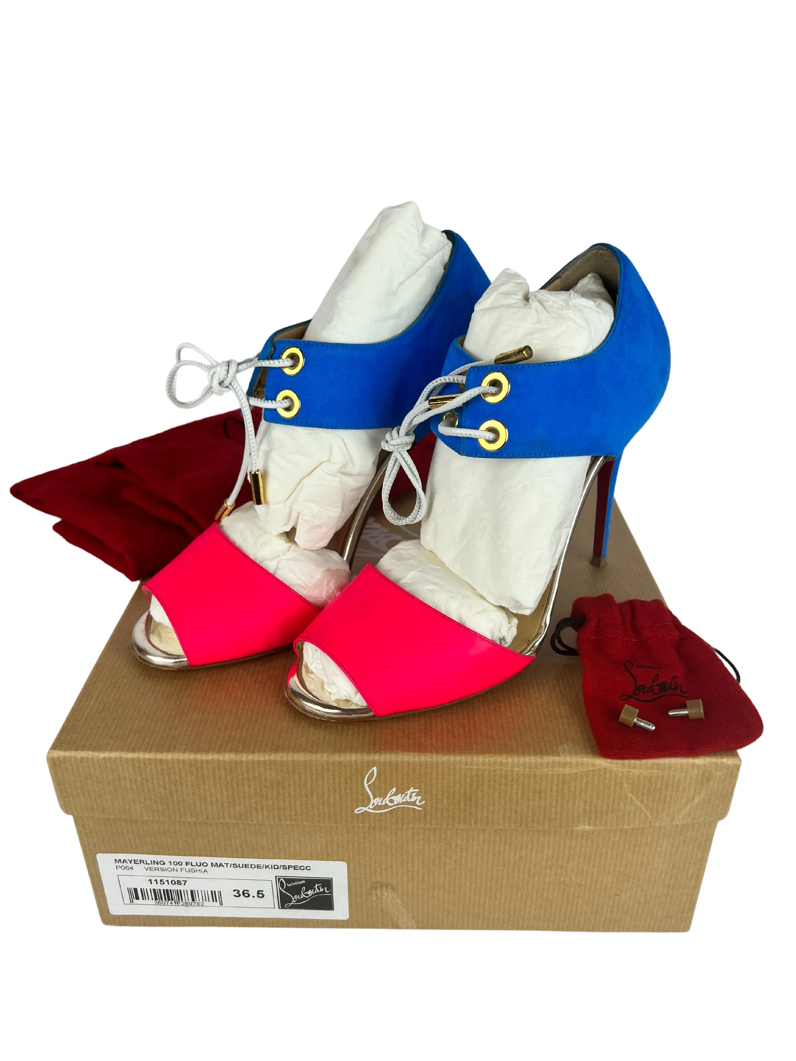 Christian Louboutin Mayerling Heels 100 Fluo Mat and Suede in Version Fushia, Size 36.5 EU/6 US