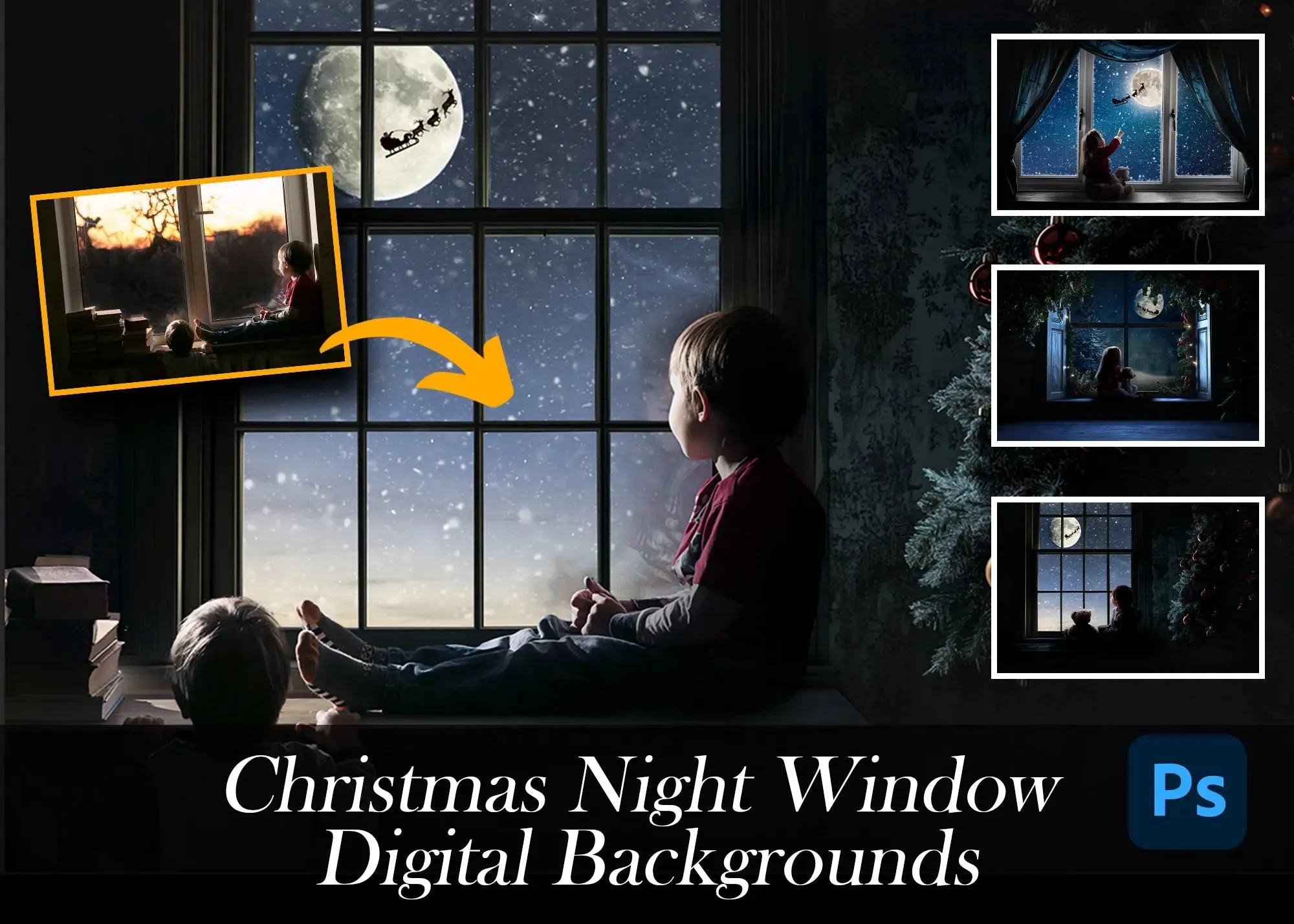 Christmas Window Night Digital Backgrounds Trio