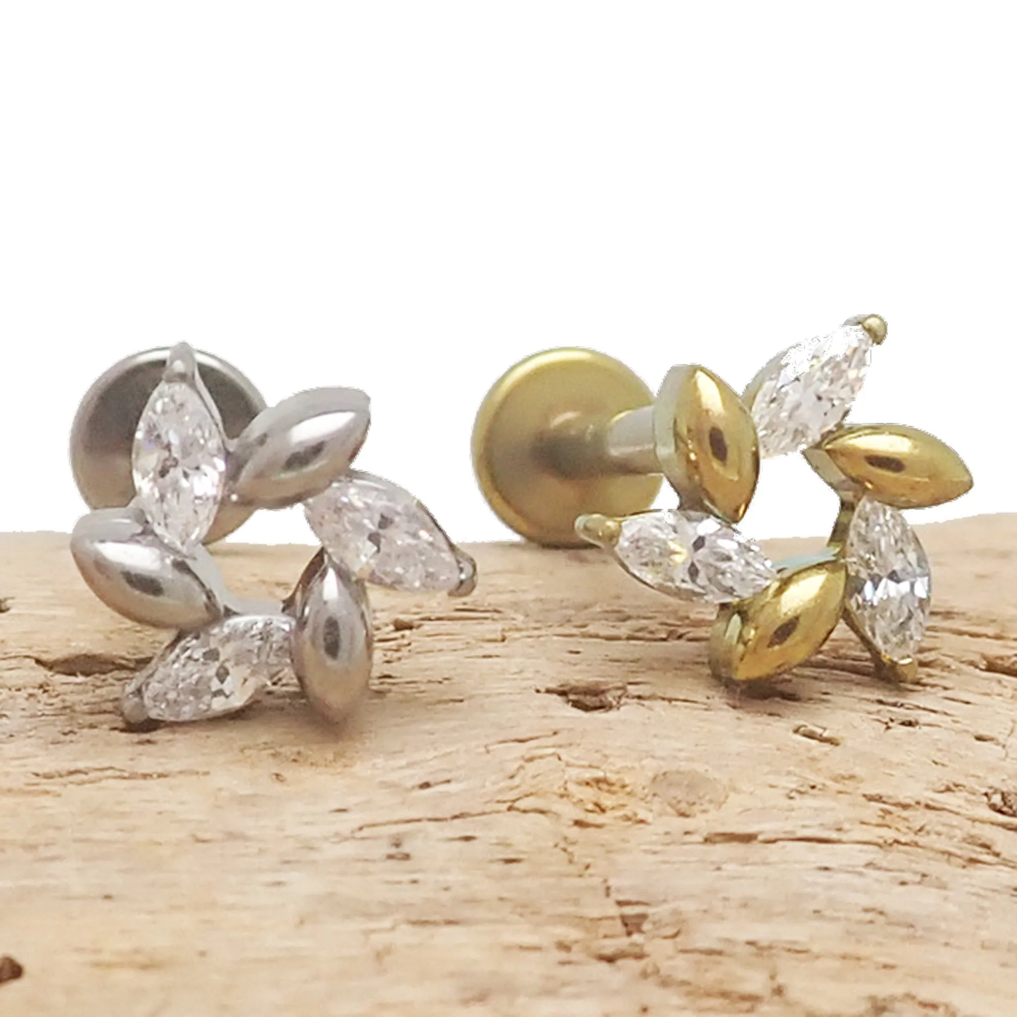 Clear CZ Flower Petal Spiral Titanium Flatback Earring 18g, 16g, 14g