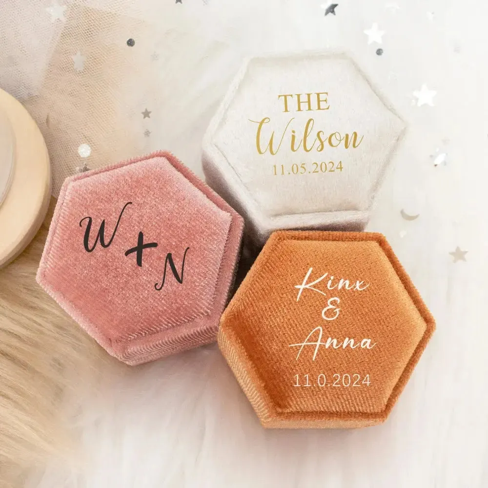 Custom Hexagon Velvet Ring Box Double Slot For Wedding Ceremony Engagement Decoration Velvet Ring Display Personalized Gift