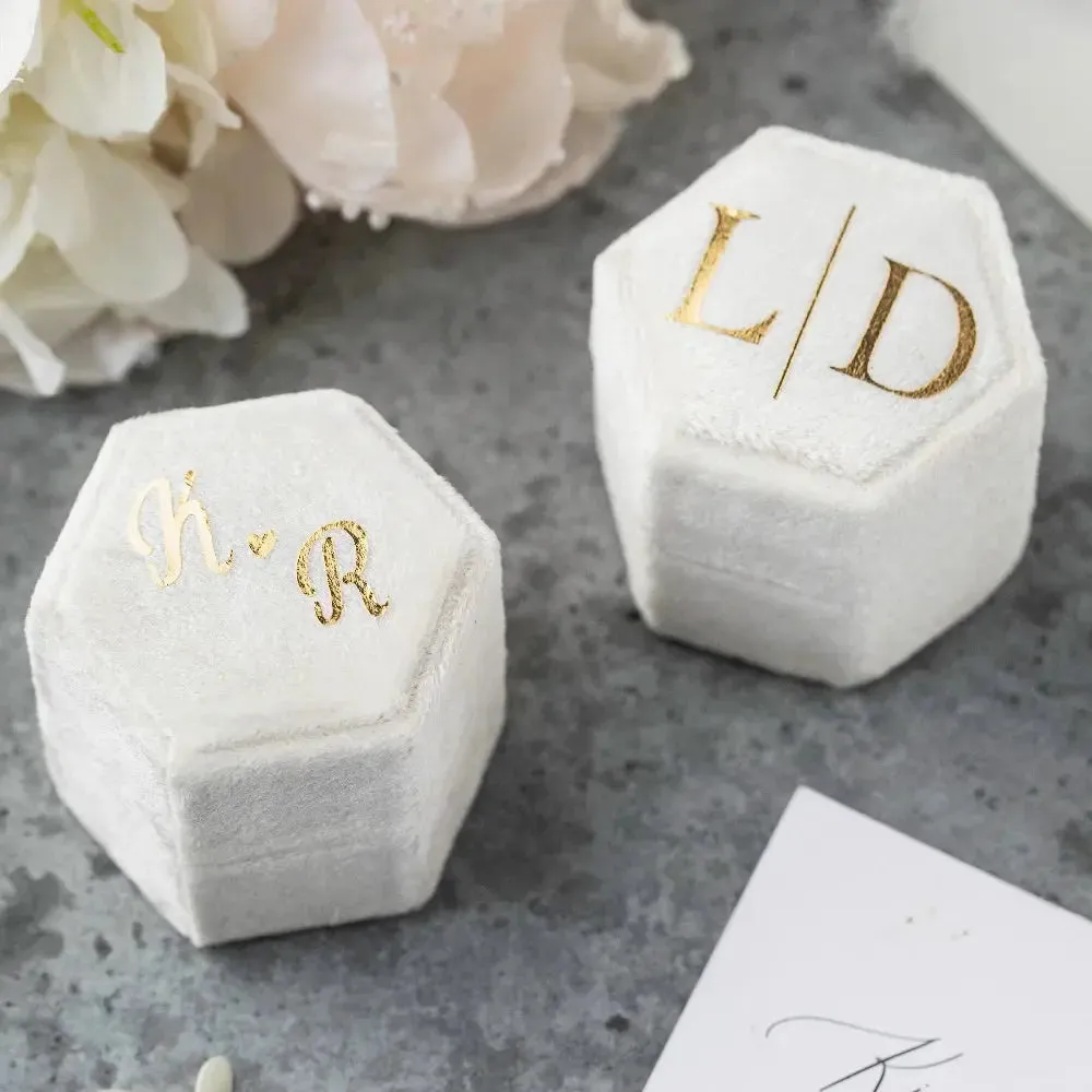 Custom Hexagon Velvet Ring Box Double Slot For Wedding Ceremony Engagement Decoration Velvet Ring Display Personalized Gift