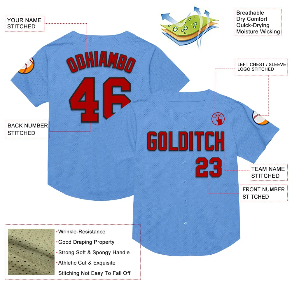 Custom Light Blue Red-Black Mesh Authentic Throwback Baseball Jersey