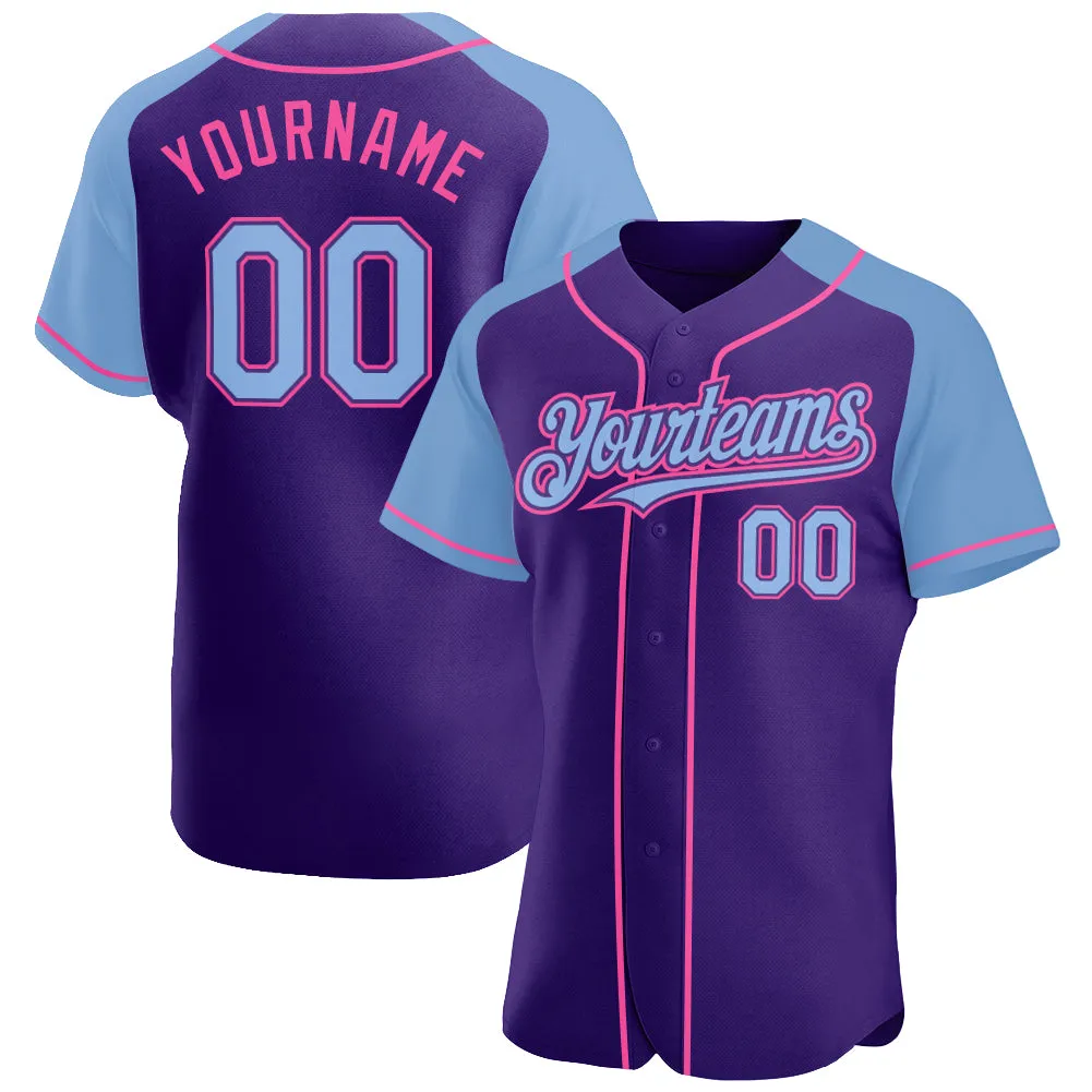 Custom Purple Light Blue-Pink Authentic Raglan Sleeves Baseball Jersey