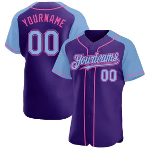 Custom Purple Light Blue-Pink Authentic Raglan Sleeves Baseball Jersey