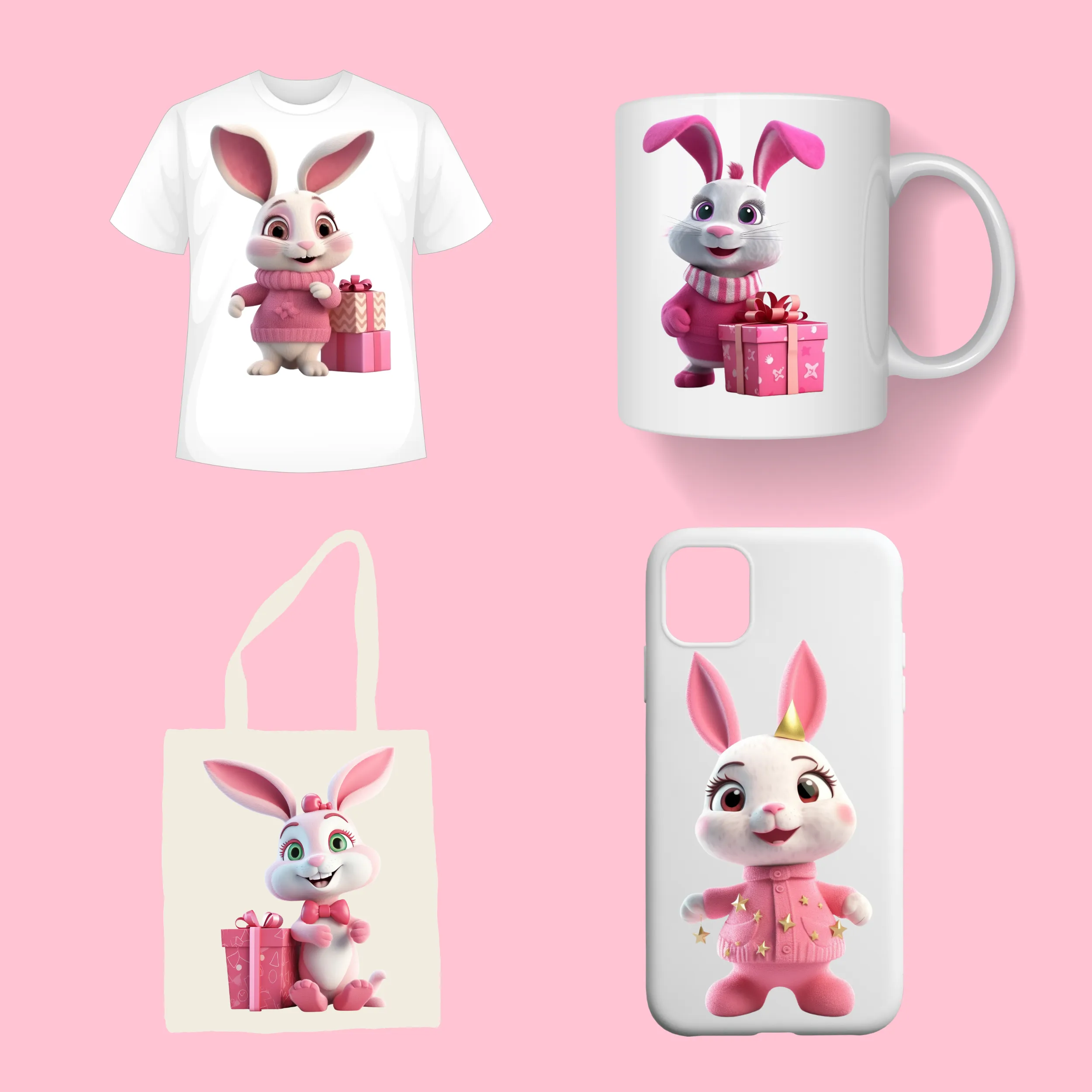 Cute Rabbits in Pink Outfits Digital Art SETRAB001