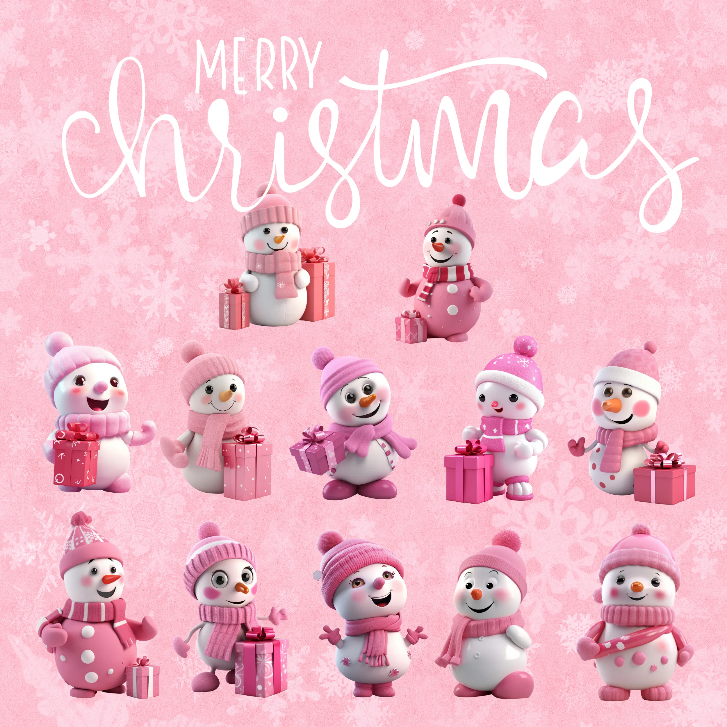 Cute Snowman Characters in Pink Outfits - Digital Art SETSNOW001