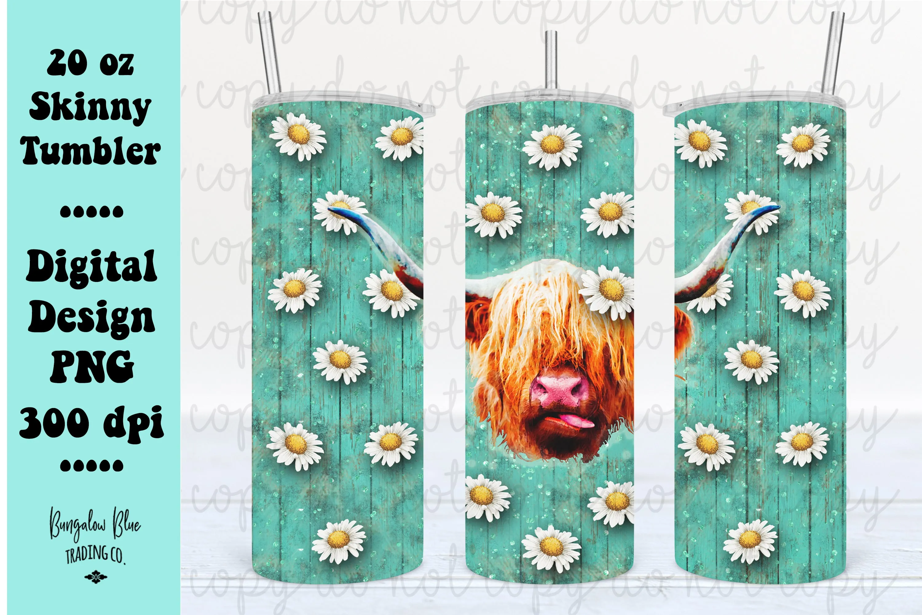 Daisy Highland Cow 20 oz Skinny Tumbler Seamless Design Wrap Digital Download