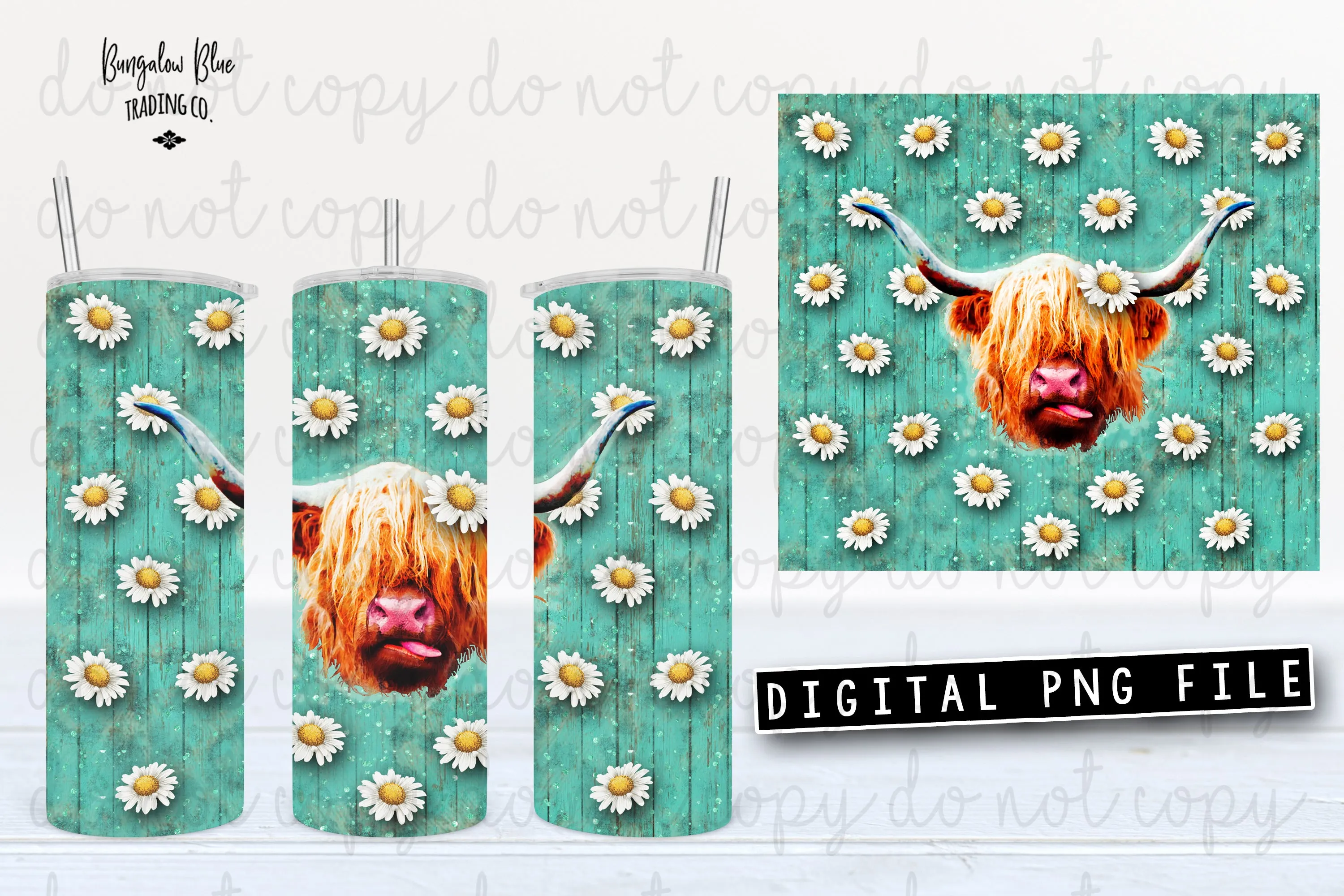 Daisy Highland Cow 20 oz Skinny Tumbler Seamless Design Wrap Digital Download
