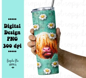 Daisy Highland Cow 20 oz Skinny Tumbler Seamless Design Wrap Digital Download
