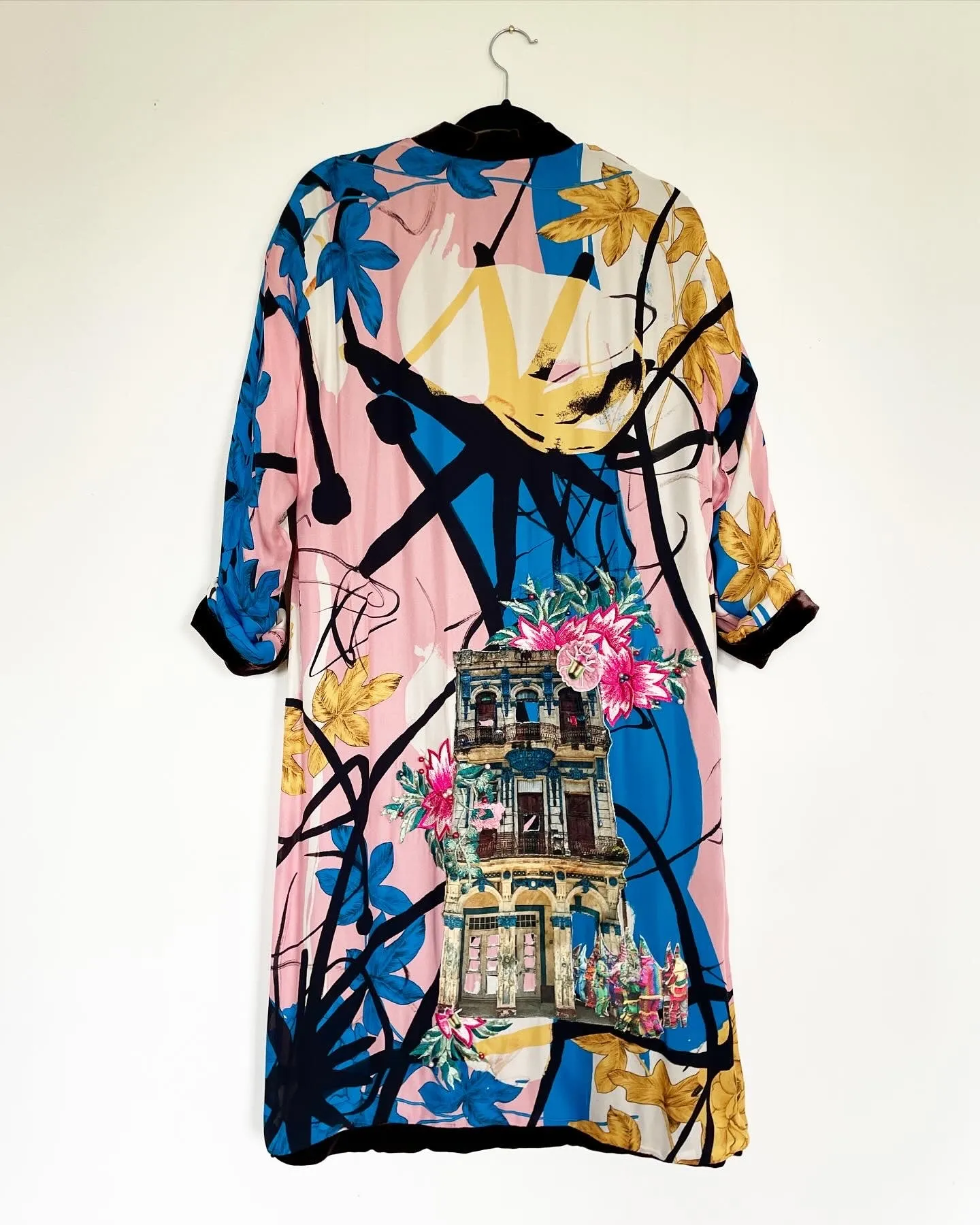 Deep Brown Velvet Caftan with Cuban Architecture and Cajun Mardi Gras Artwork