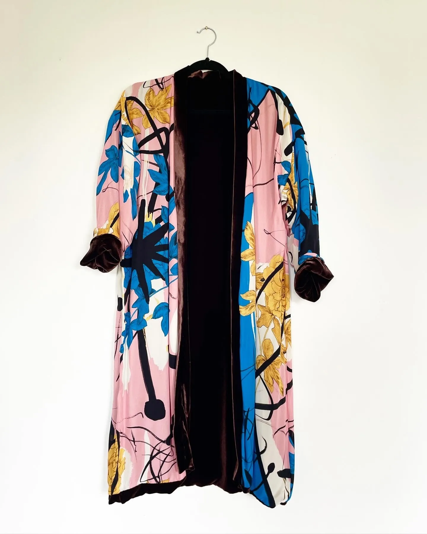 Deep Brown Velvet Caftan with Cuban Architecture and Cajun Mardi Gras Artwork