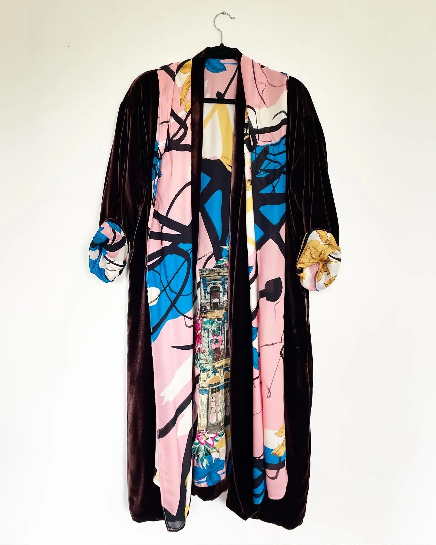 Deep Brown Velvet Caftan with Cuban Architecture and Cajun Mardi Gras Artwork