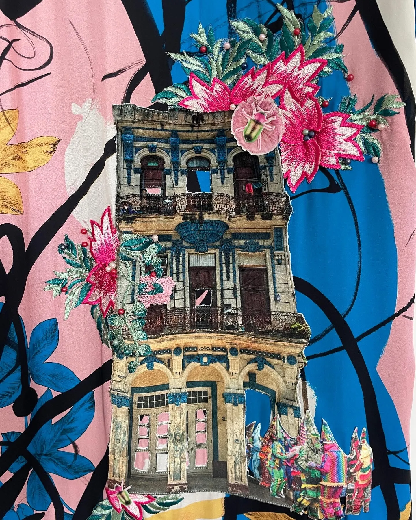 Deep Brown Velvet Caftan with Cuban Architecture and Cajun Mardi Gras Artwork