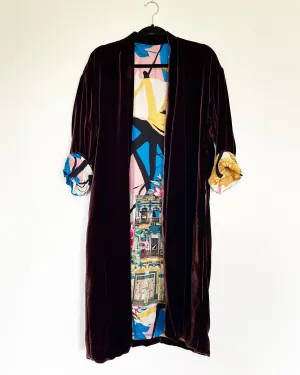 Deep Brown Velvet Caftan with Cuban Architecture and Cajun Mardi Gras Artwork