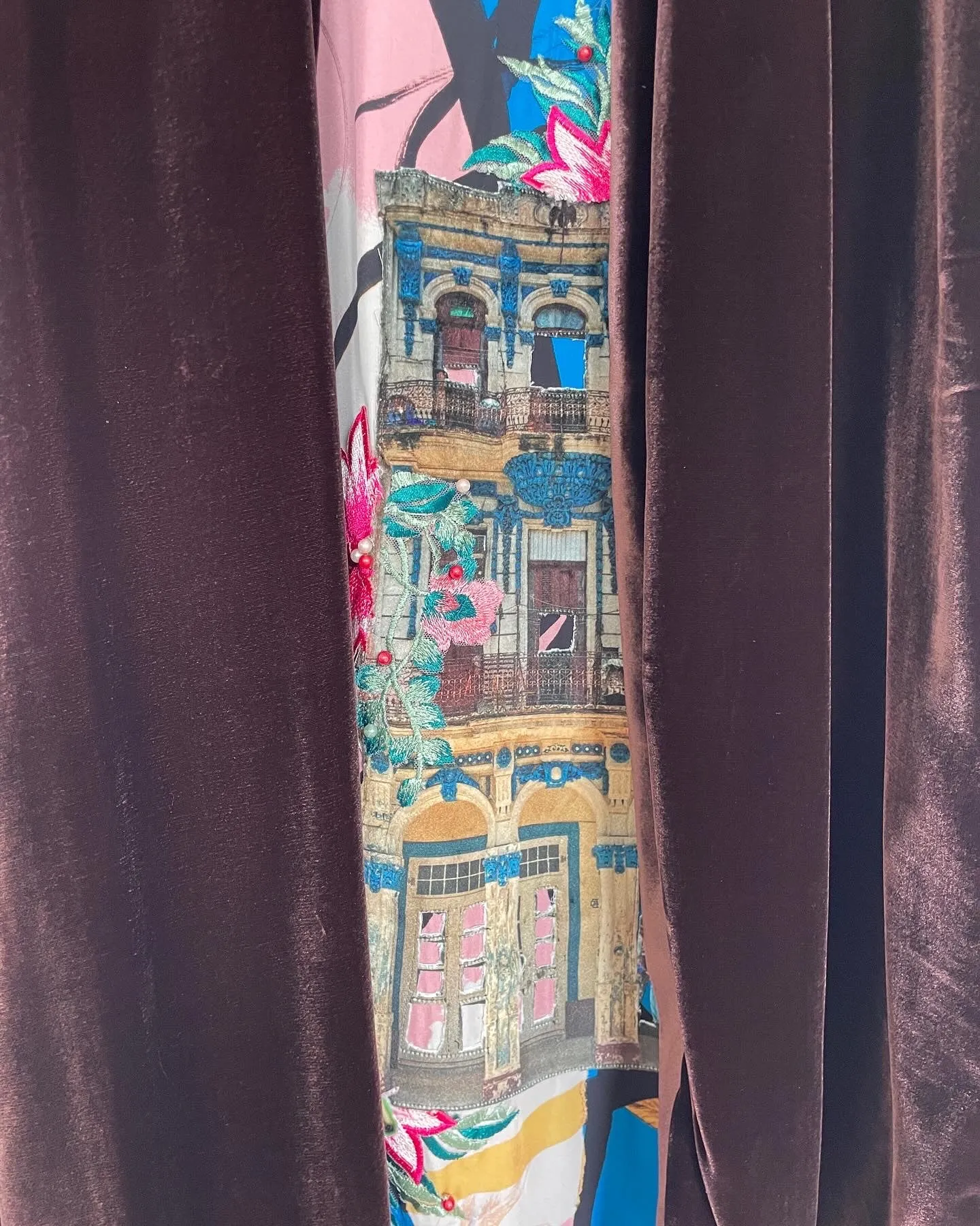 Deep Brown Velvet Caftan with Cuban Architecture and Cajun Mardi Gras Artwork
