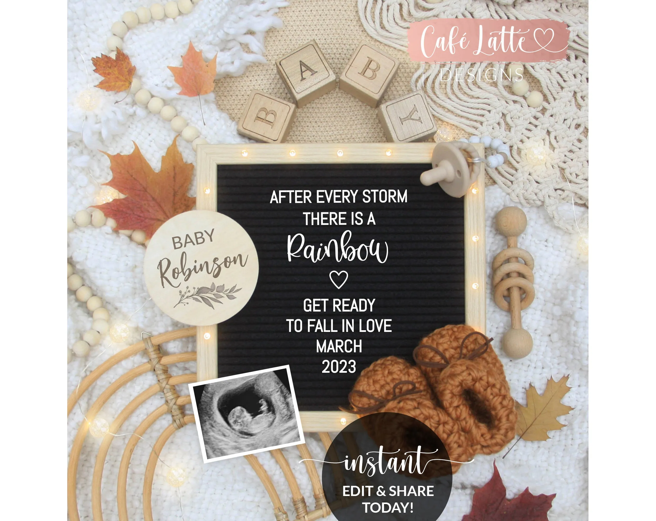 Digital Fall Rainbow Baby Pregnancy Announcement Social Media, Boho Autumn Letter Board Baby Reveal Editable Template DIY