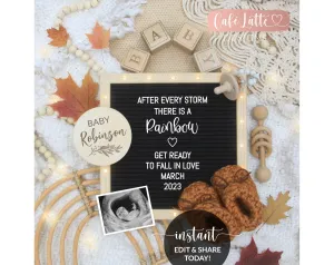 Digital Fall Rainbow Baby Pregnancy Announcement Social Media, Boho Autumn Letter Board Baby Reveal Editable Template DIY