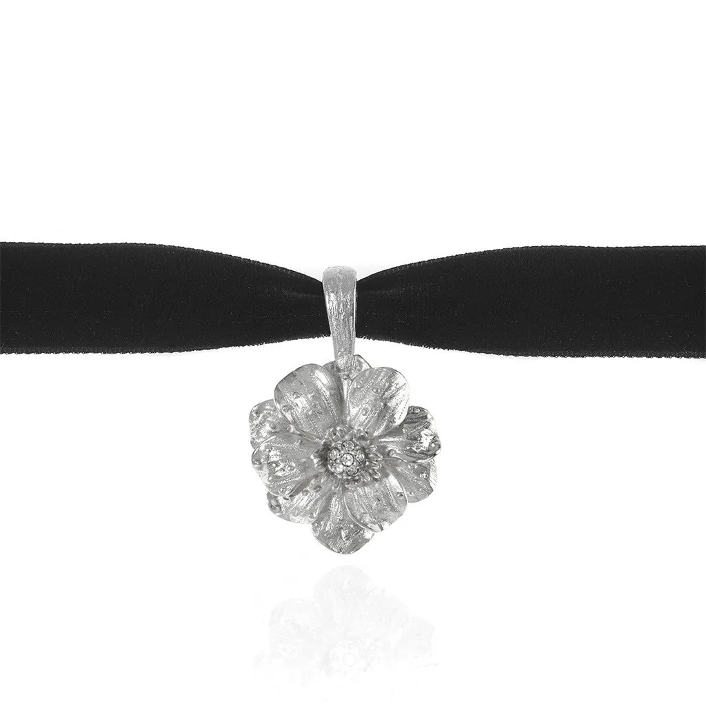 Double Rose Velvet Choker With Silvertone Pendant