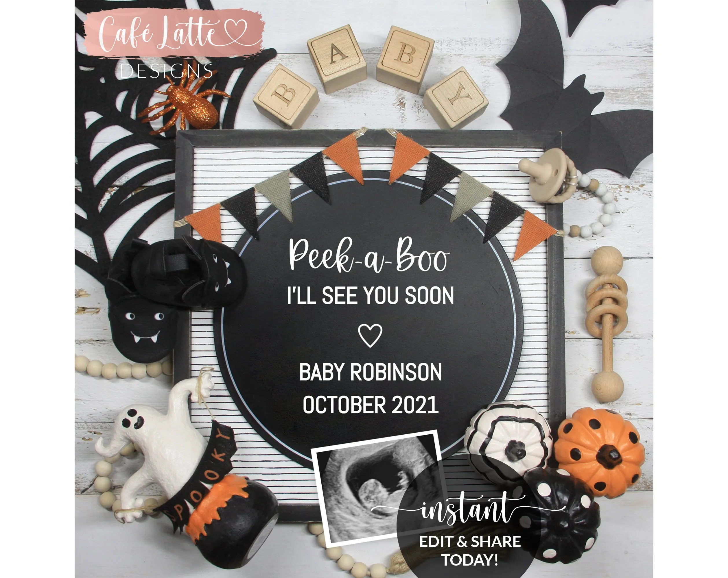 Editable Pregnancy Announcement for Social Media, Halloween Peek a Boo Digital Template, Ghost Pumpkins, October Fall Baby, Printable DIY