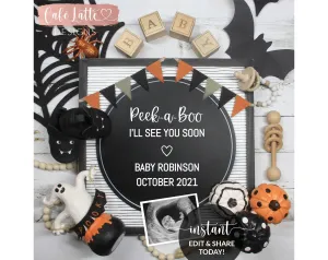Editable Pregnancy Announcement for Social Media, Halloween Peek a Boo Digital Template, Ghost Pumpkins, October Fall Baby, Printable DIY
