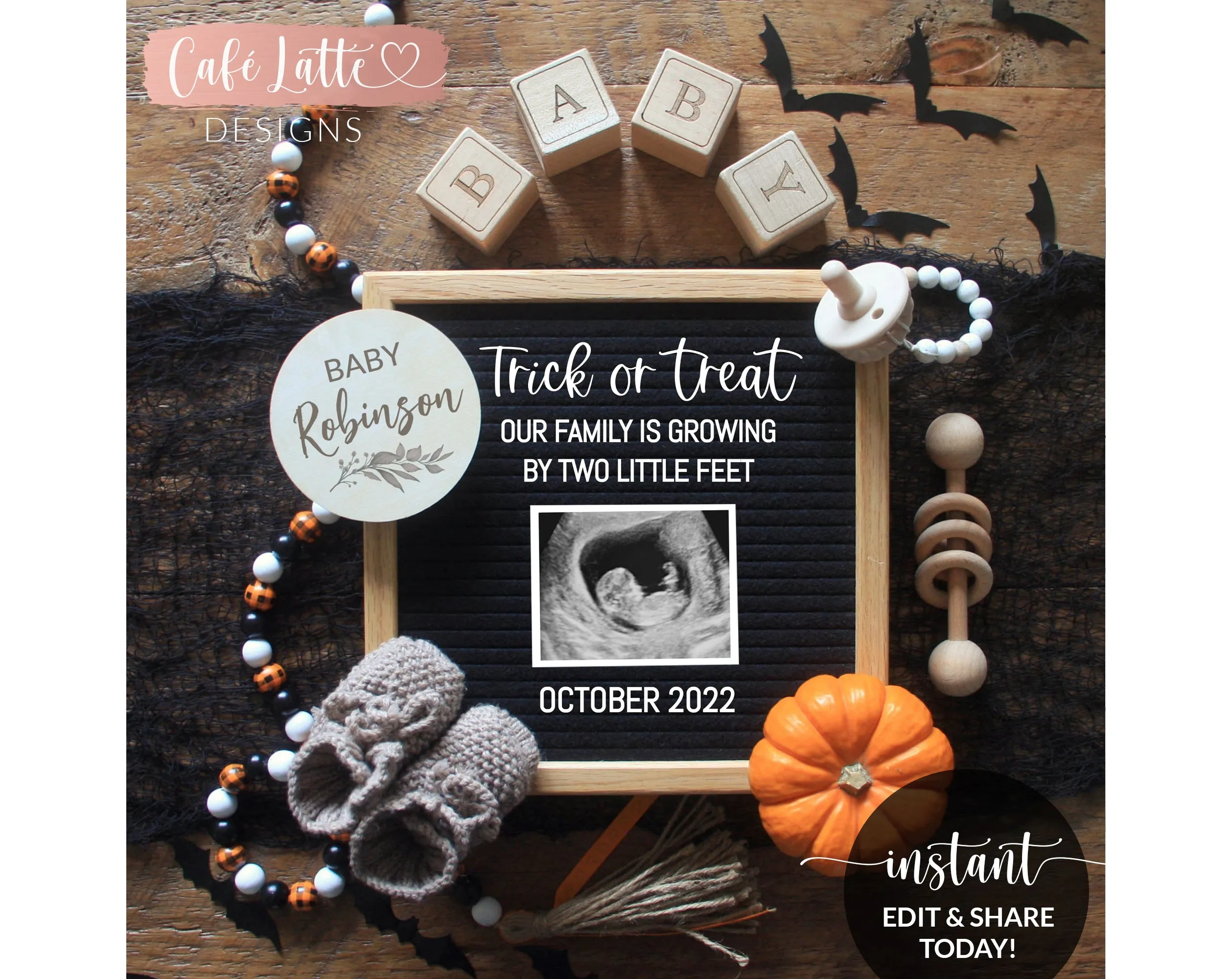 Editable Pregnancy Announcement for Social Media, Halloween Trick or Treat Growing by Two Little Feet Digital Template, October Baby, DIY
