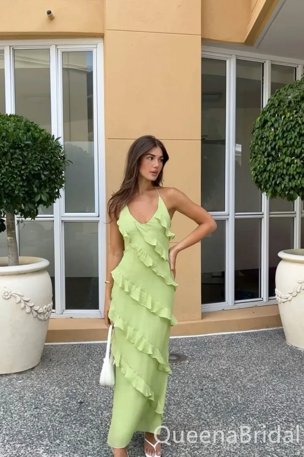 Elegant Green Halter Chiffon Sheath Long Prom Dress Online ,WGP1678