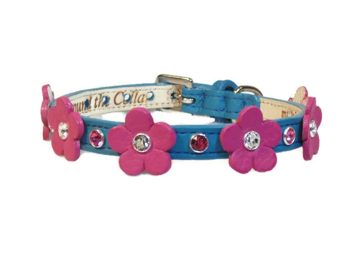 Ellie Flower Leather Cat Collar w/Crystals on Flower & Strap