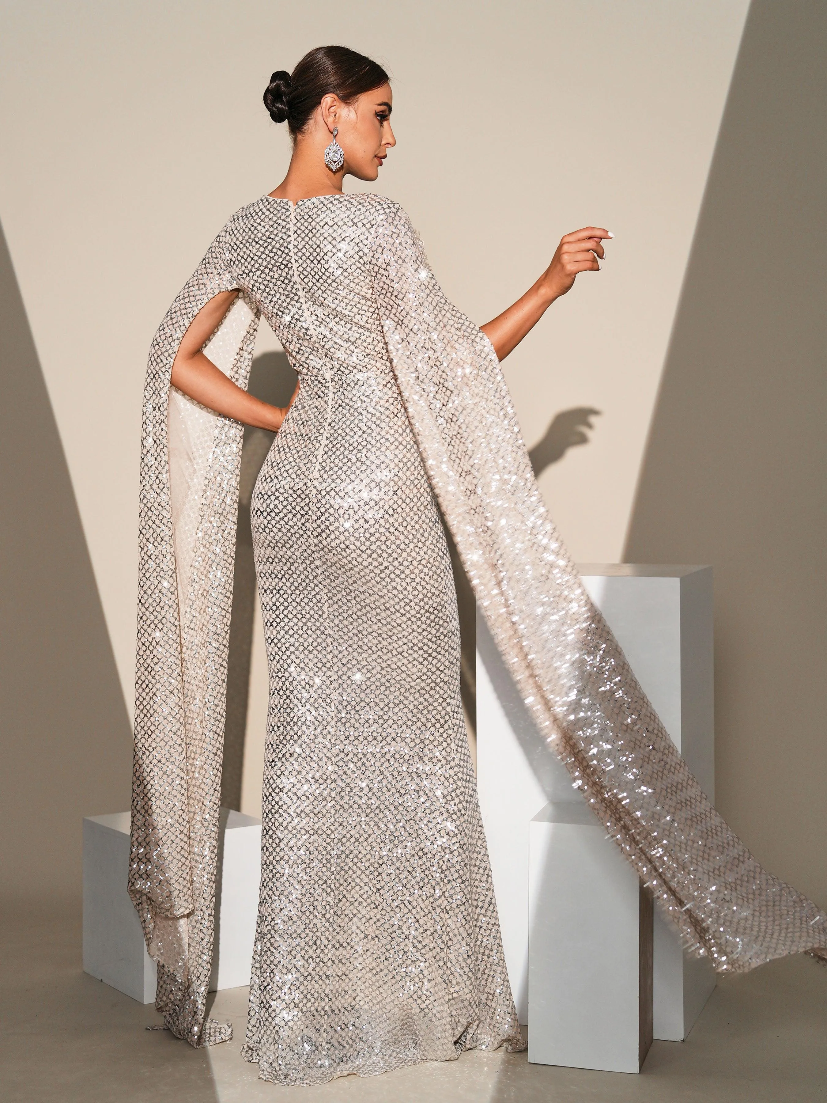 Embroidered Cape Sleeve Sequin Mermaid Dress RH31345