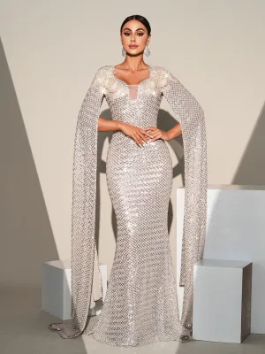 Embroidered Cape Sleeve Sequin Mermaid Dress RH31345